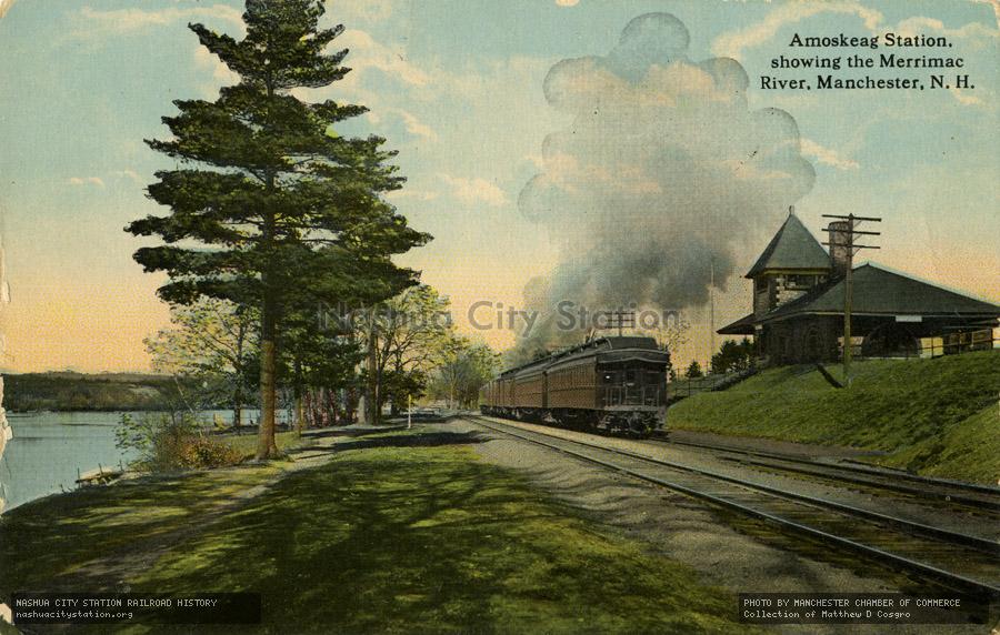 Postcard: Amoskeag Station, showing the Merrimac River, Manchester, New Hampshire